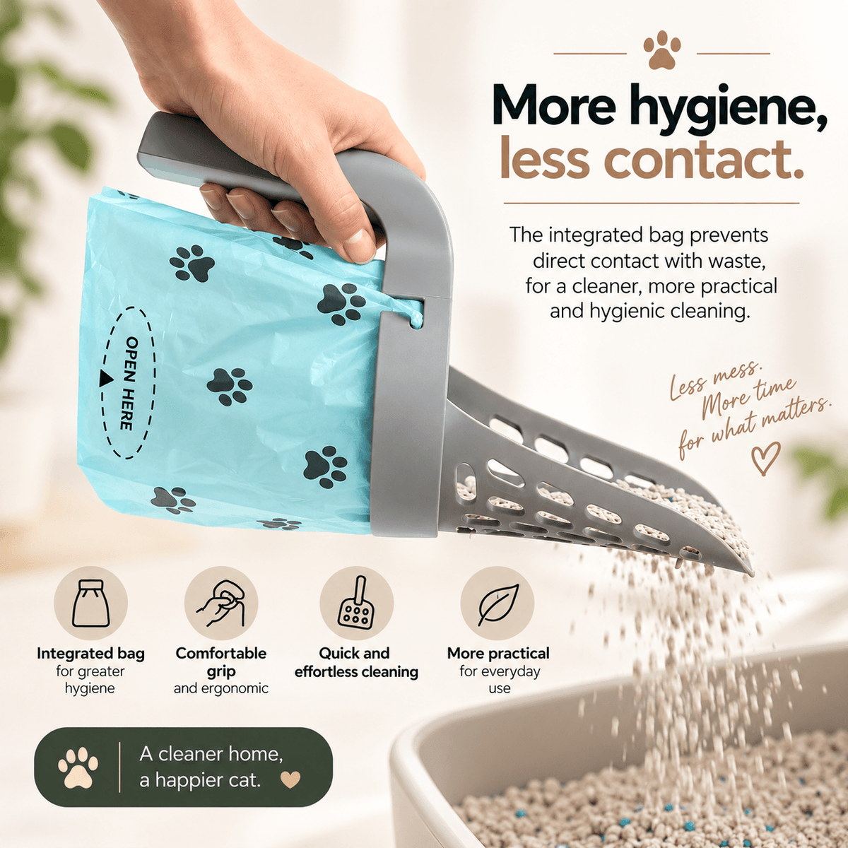Cat Litter Scoop with Built-in Bag Dispenser (+4 Waste Bags)