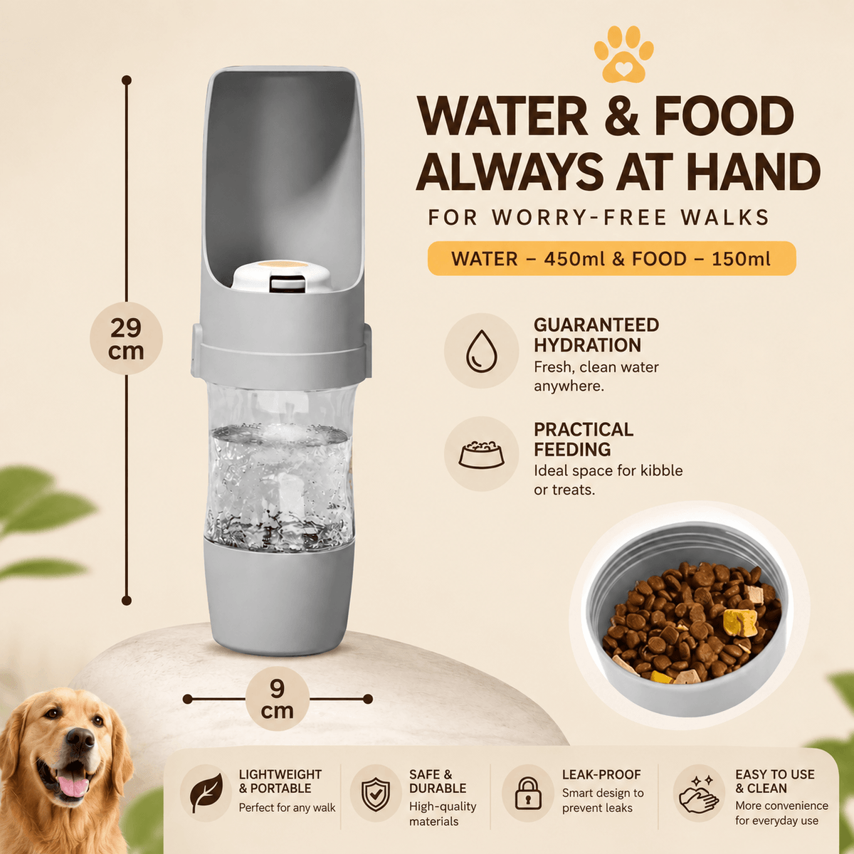 2-in-1 Portable Water and Food Bottle for Dogs and Cats – 500ml