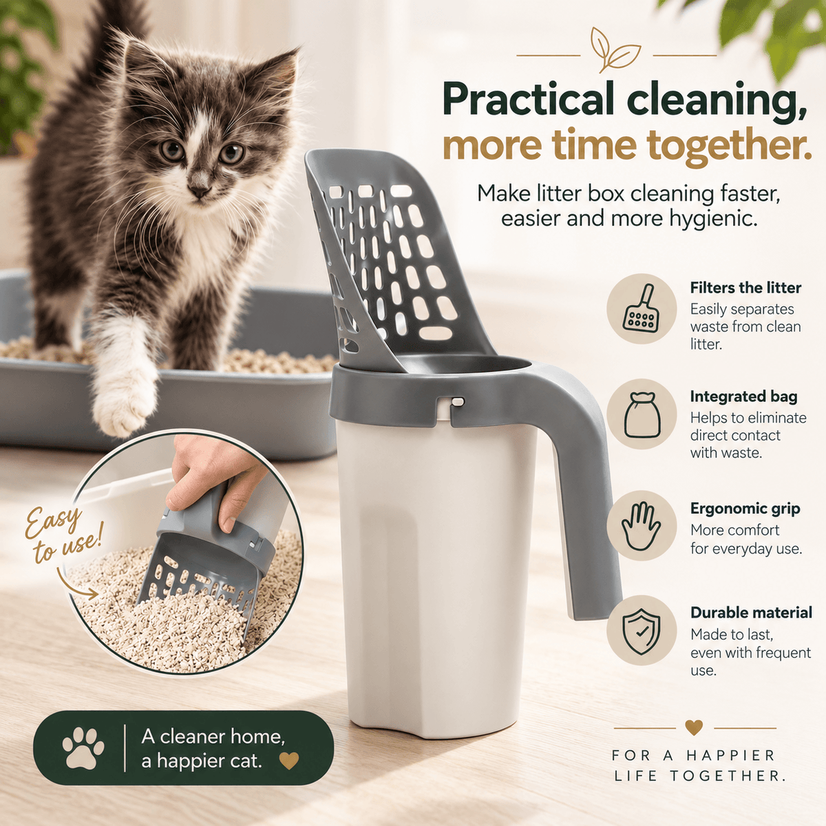 Cat Litter Scoop with Built-in Bag Dispenser (+4 Waste Bags)