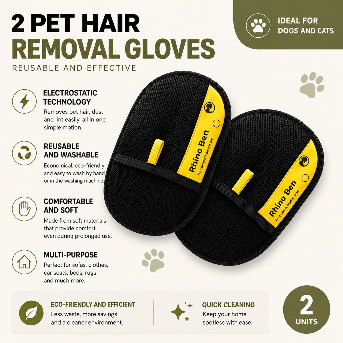 2 Reusable Pet Hair Remover Gloves